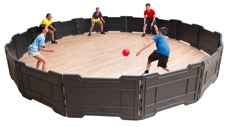 A series of foam block walls and vinyl balls in Rainbow colors.